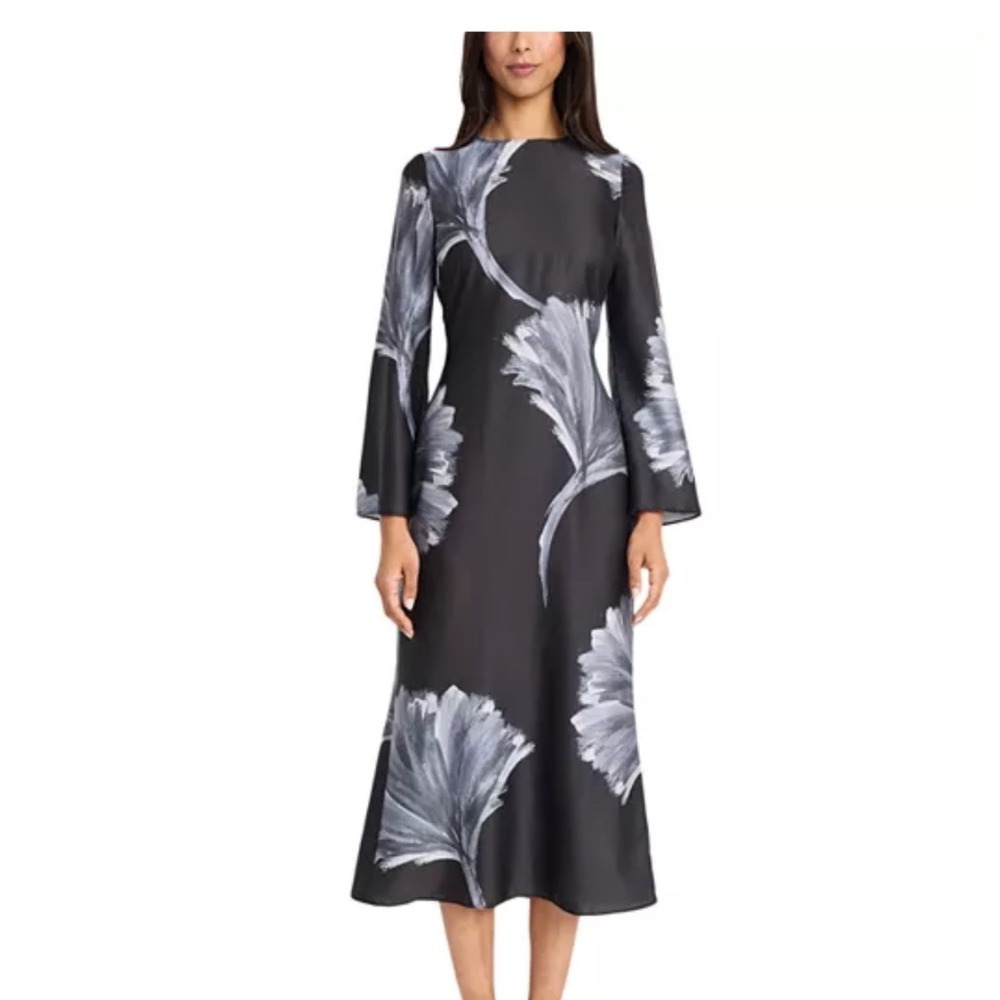 Donna Morgan Floral Midi Dress Women Size 12 NWT Long Sleeve Black Grey $148